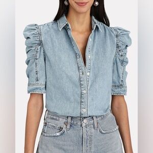 Frame Ruched Puff Sleeve Denim Shirt